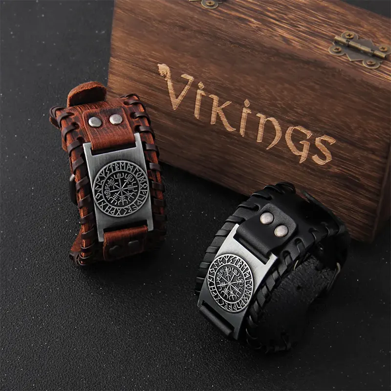 Viking Vegvisir Compass Rune Circle Plate Leather Buckle Cuff Bracelet - 01