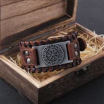 Viking Vegvisir Compass Rune Circle Plate Leather Buckle Cuff Bracelet - 02