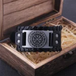 Viking Vegvisir Compass Rune Circle Plate Leather Buckle Cuff Bracelet - 03