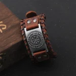 Viking Vegvisir Compass Rune Circle Plate Leather Buckle Cuff Bracelet - 06
