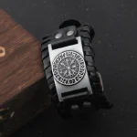 Viking Vegvisir Compass Rune Circle Plate Leather Buckle Cuff Bracelet - 07